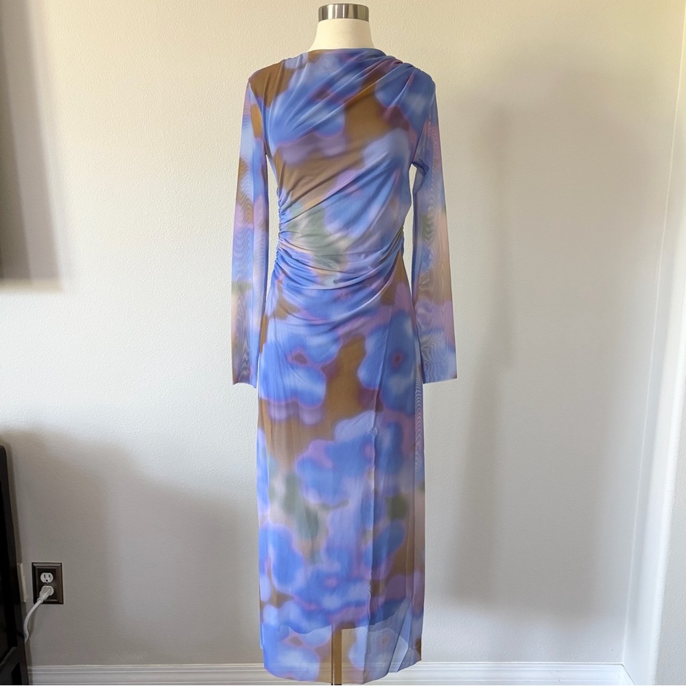 & Other Stories Long-Sleeve Mesh Maxi Dress in Blue and Brown Watercolor Print